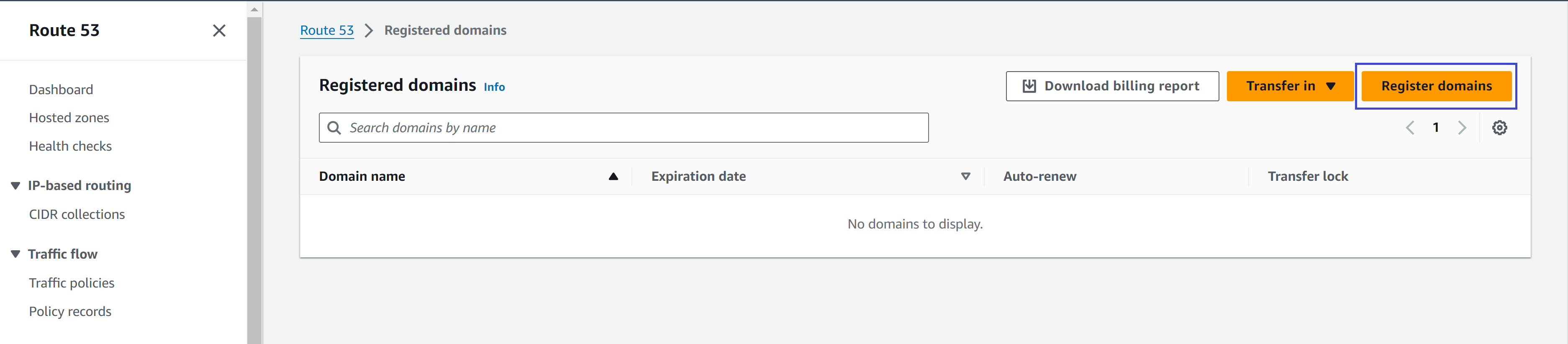 picture of Route 53 Registered Domains view, with the Register Domain Button highlighted